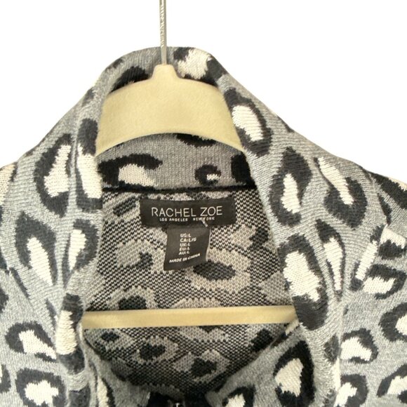 Rachel Zoe Leopard Print Zip Cardigan Jacket L Gray Black Cotton Blend Artsy - Picture 5 of 8